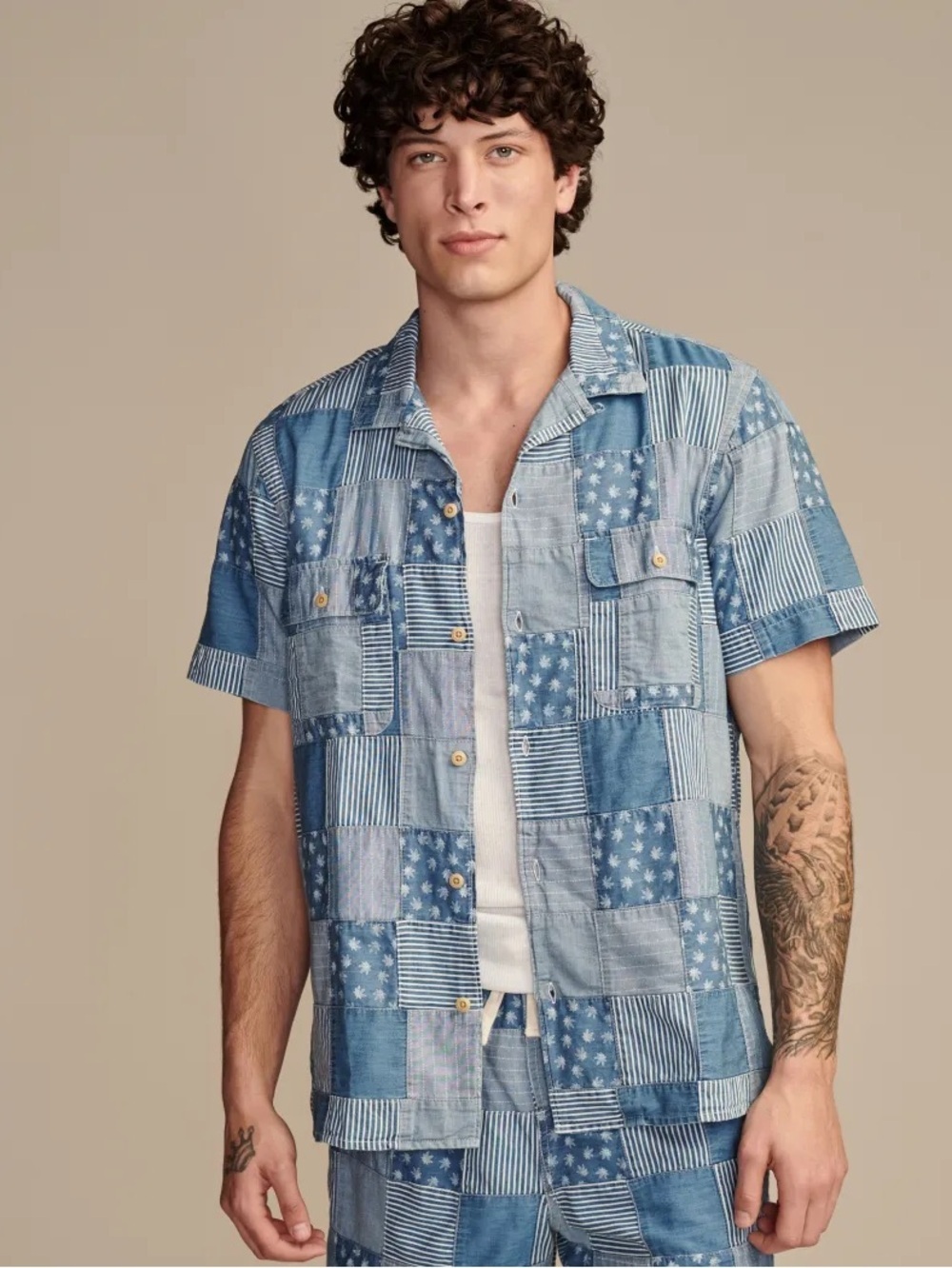 Lucky Brand Patchwork Chambray Button Up Short Sleeve Shirt Size L